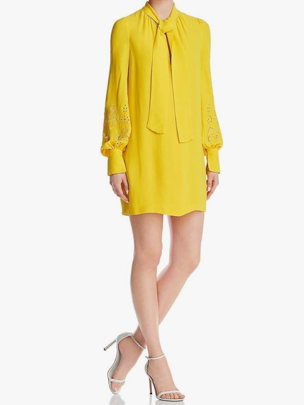 Bright Yellow Tie Neck Dress Lace Sleeve Detail Mini Cocktail Dress S/M